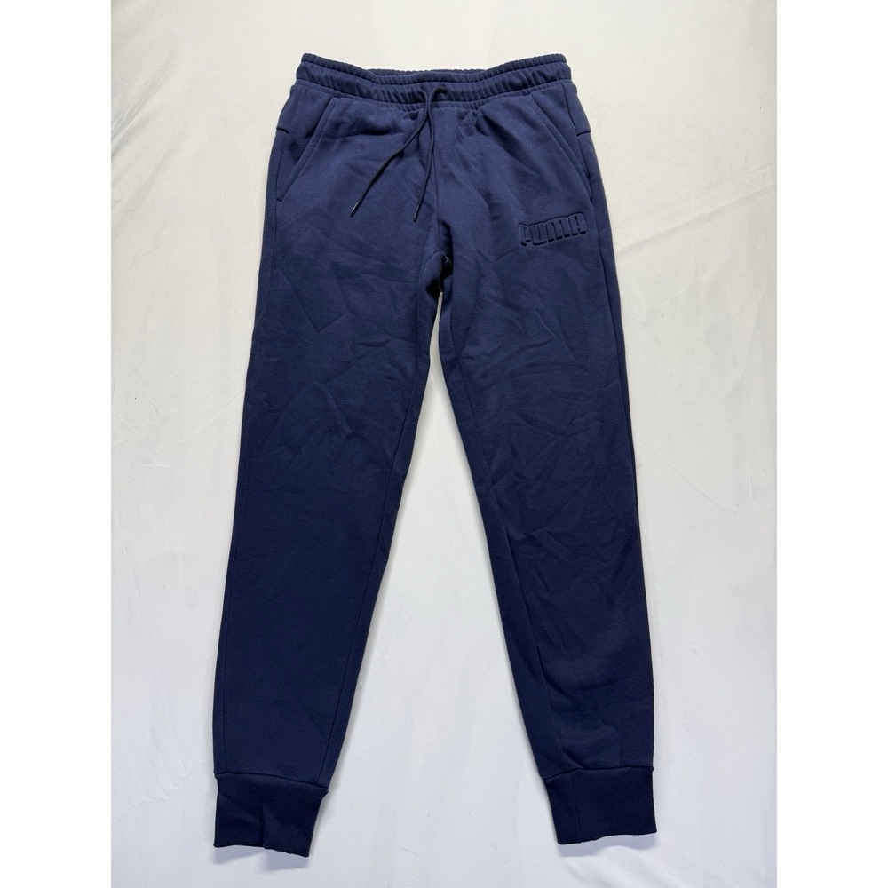 Puma Jogger Pants Men Medium Navy Blue Fleece Lined Drawstring Athletic Training